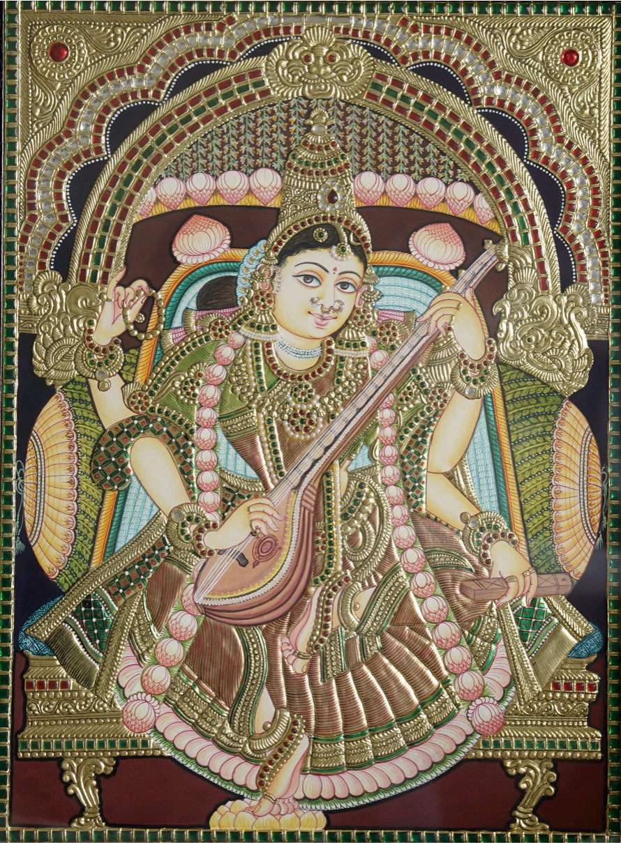 Ancient Saraswati Tanjore - 18x24 inches 24 Karat Gold Foil, Jaipuri Tanjore Stones and Poster Colours