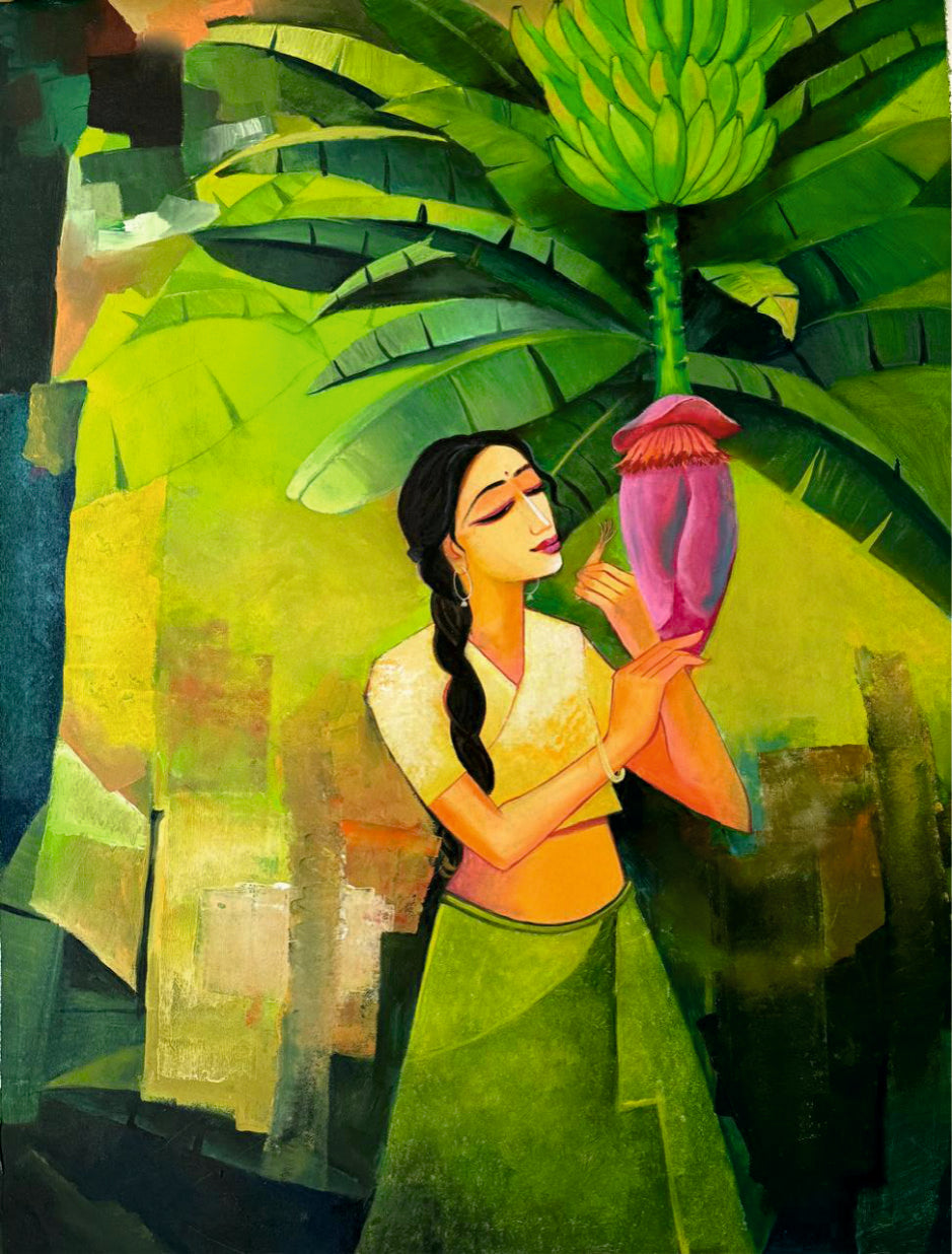 Whispers beneath the Banana leaves - 48x36 inches Acrylic on Canvas